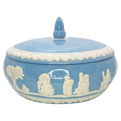 Pre-owned Wedgwood Vintage Ceramic Baby Blue Decorative Covered Dish With Lid And White Figures