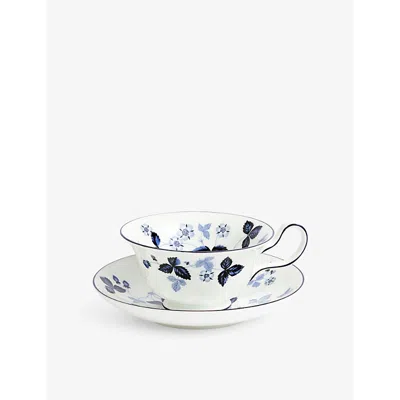 Wedgwood Wild Strawberry Floral-print Bone-china Teacup And Saucer In Blue