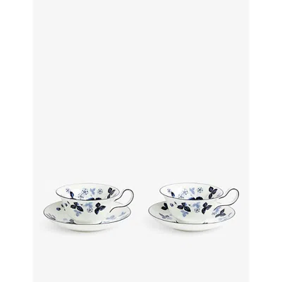 Wedgwood Wild Strawberry Floral-print Bone-china Teacup And Saucer Set Of Two In Blue