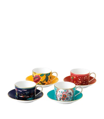 Wedgwood Wonderlust Floral-print Bone-china Teacup And Saucers Set Of Four