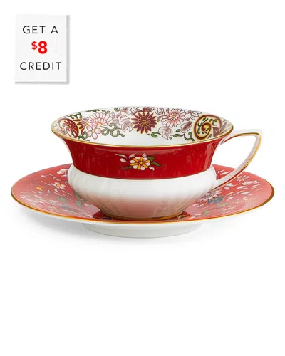 Wedgwood Wonderlust Teacup & Saucer Set Crimson Orient With $8 Credit
