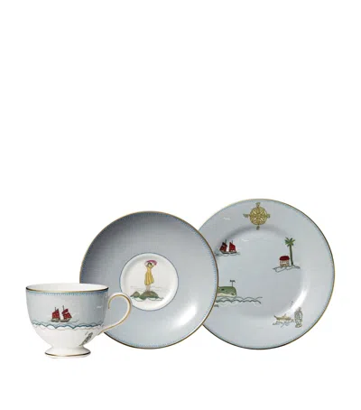 Wedgwood X Kit Kemp Sailor's Farewell Teacup, Saucer And Side Plate Set In Blue