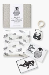 Wee Gallery Newborn Gift Set With Swaddle Blanket, Wooden Teether And Art Cards For Baby In Black