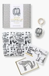 Wee Gallery Newborn Gift Set With Swaddle Blanket, Wooden Teether And Art Cards For Baby In Gray