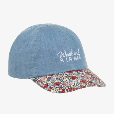 Week-end À La Mer Babies'  Girls Blue Cotton Chambray Floral Cap