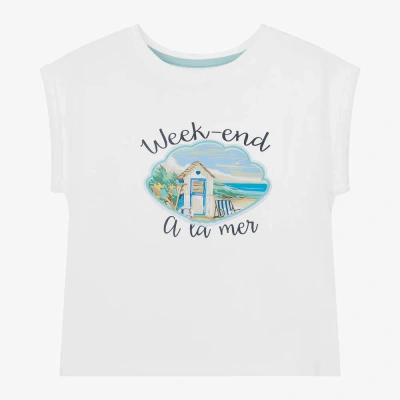 Week-end À La Mer Kids'  Girls White Cotton Beach Print T-shirt