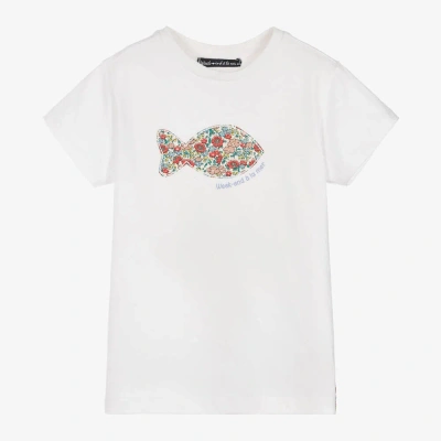 Week-end À La Mer Kids'  Girls White Cotton Floral Fish T-shirt