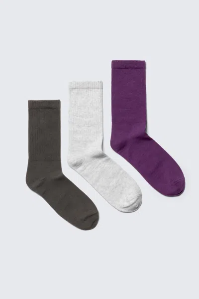 Weekday 3-pack Ribbed Sporty Crew Socks In Gray