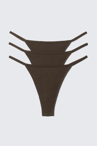 Weekday 3-pack Stella Ribbed Cotton Thongs In Brown