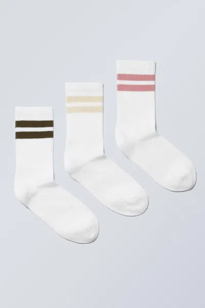 Weekday 3-pack Striped Crew Socks In White