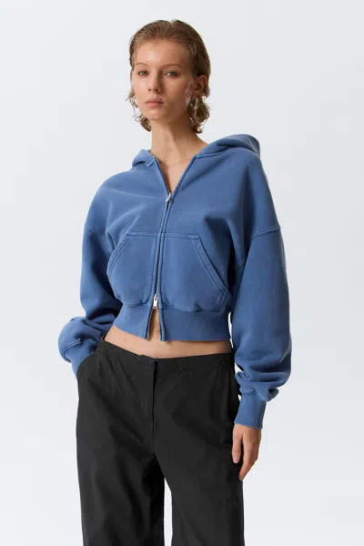 Weekday Cropped Boxy Zip Hoodie In Blue