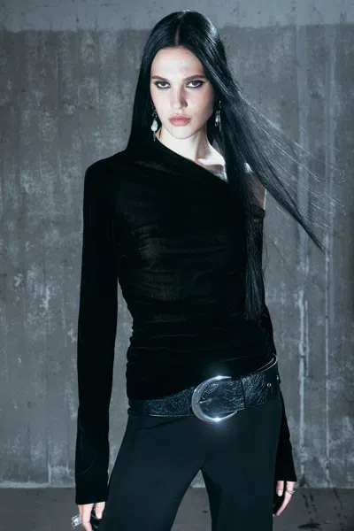 Weekday Draped Asymmetric Velvet Mesh Top In Black