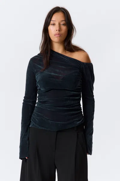 Weekday Draped Asymmetric Velvet Mesh Top In Blue