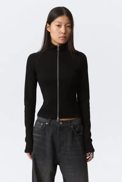 Weekday Fitted Long-sleeved Mock-neck Zip Top In Black