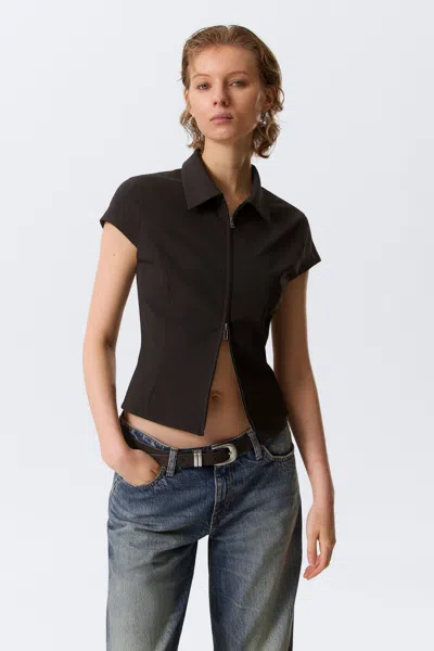 Weekday Fitted Short-sleeved Zip Top In Black