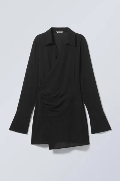 Weekday Long-sleeved Asymmetric Mini Shirt Dress In Black
