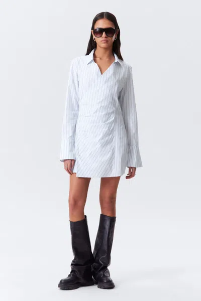 Weekday Long-sleeved Asymmetric Mini Shirt Dress In Blue