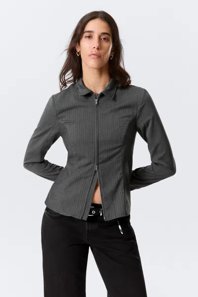 Weekday Long-sleeved Fitted Zip Shirt In Gray