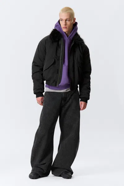 Weekday Loose Bomber Jacket With Faux-fur Collar In Black