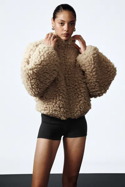 Weekday Oversized Fluffy Zip Jacket In Sand