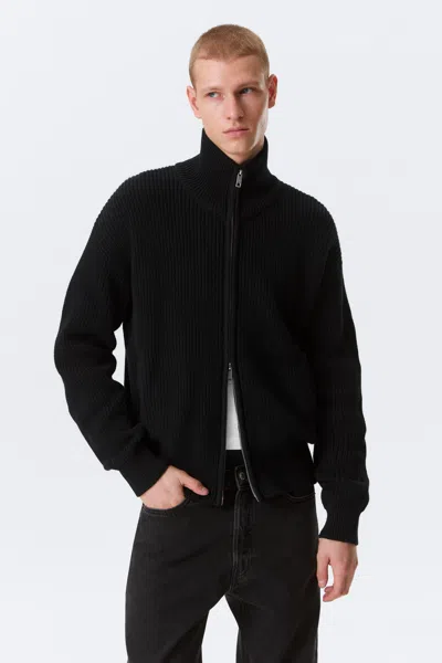 Weekday Relaxed High-neck Zip Knit Cardigan In Black