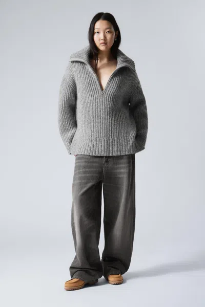 Weekday Cillia Half Zip Extreme Collar Heavyweight Sweater In Gray Melange