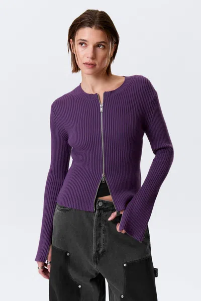 Weekday Ribbed Fitted Zip Cardigan In Purple