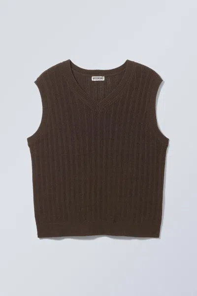 Weekday Ribbed Knitted V-neck Waistcoat In Brown