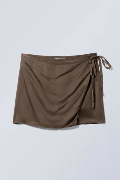 Weekday Satin Wrap Mini Skirt In Brown