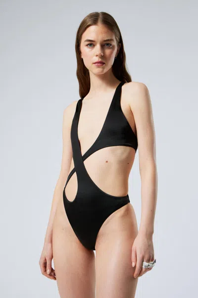 Weekday Sculptural Asymmetric Cut-out Swimsuit In Black