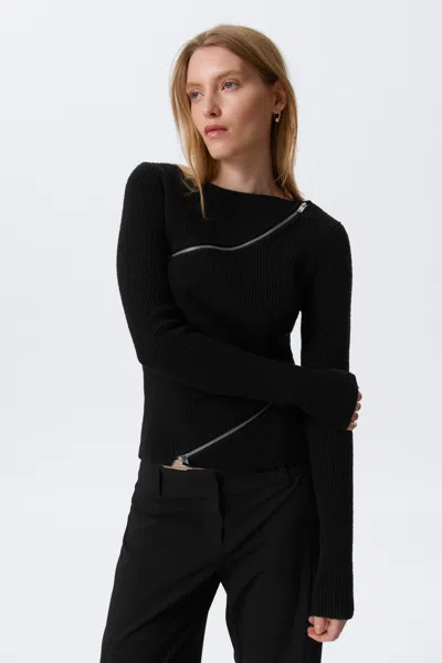 Weekday Slim Asymmetric Zip Knit Sweater In Black