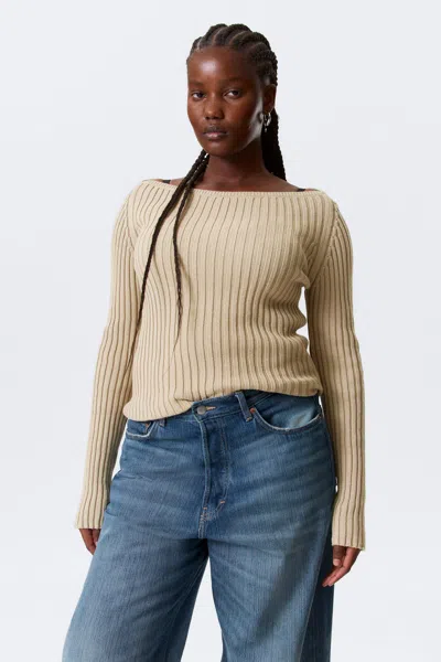 Weekday Slim Knitted Boat-neck Sweater In Sand