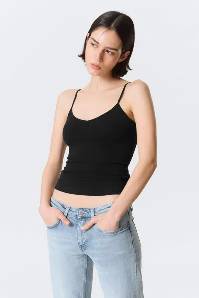 Weekday Slim V-neck Cotton Singlet In Black