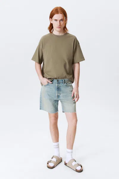 Weekday Space Relaxed Mid-thigh Denim Shorts In Blue