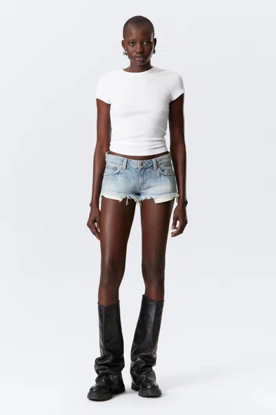 Weekday Venus Frayed Low Rise Denim Hotpants In Blue