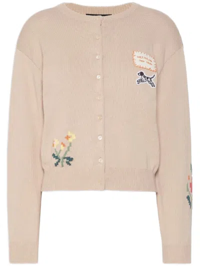 Weekend Beige Knit Cardigan With Floral Embroidery And Playful Dog Patch In Pink