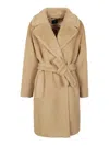 Weekend Max Mara Waist Belted Faux Fur Coat In Beige