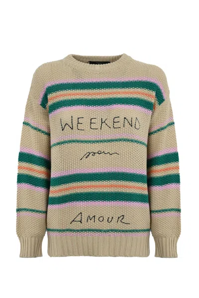 Weekend Max Mara Angus Sweater In Cotton Yarn With Logo Embroidery In Gold