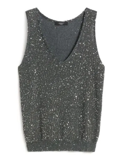 Weekend Max Mara Anthracite Sequin Embellished Knit Top In Gray