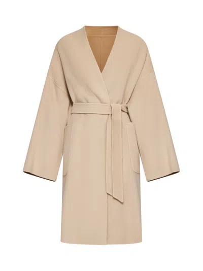 Weekend Max Mara Belted Long-sleeved Coat In Beige