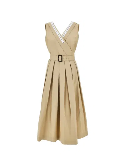 Weekend Max Mara Belted Pleated Midi Dress In Neutral