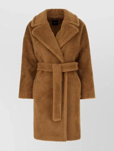 Weekend Max Mara Belted Wool Coat With Faux Fur Texture In Brown
