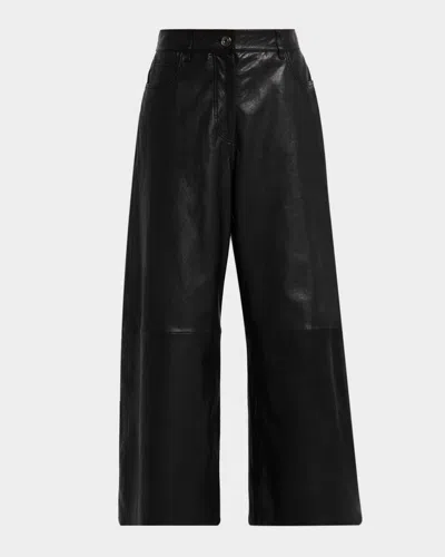 Weekend Max Mara Blanc Cropped Wide-leg Leather Pants In Black