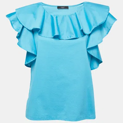 Pre-owned Weekend Max Mara Blue Knit Ruffle Detailed Blouse Xl