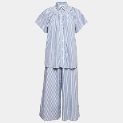 Weekend Max Mara Blue Stripe Cotton Capri Pants And Blouse Set