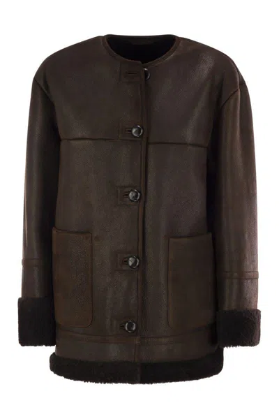 Weekend Max Mara Borbone - Sheepskin Crewneck Coat In Brown