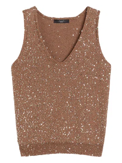 Weekend Max Mara Brown Cotton Blend Top With Sequins