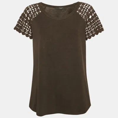 Pre-owned Weekend Max Mara Brown Jersey And Lace Trim Sleeve Top M