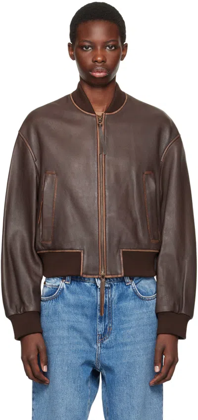 Weekend Max Mara Brown Nappa Leather Bomber Jacket In 001 Dark Brown