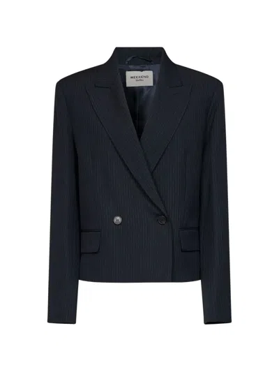 Weekend Max Mara Canapa Pinstripe Double-breasted Blazer In Black